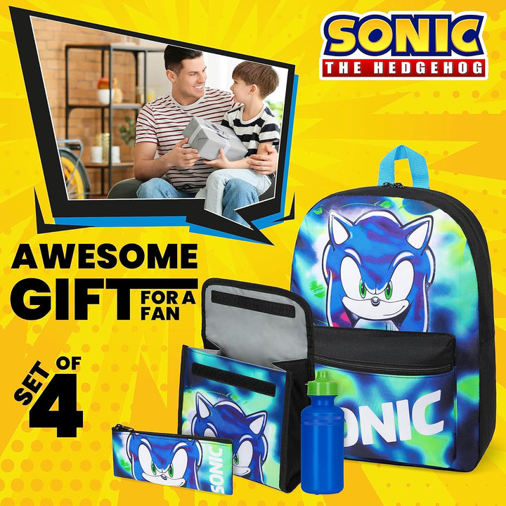 SONIC THE HEDGEHOG Schulrucksack Jungen Set, 4 STK. Rucksack Kinder Set Shadow Knuckles Trinkflasche