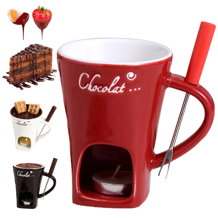 Schokoladen-Fonduetasse mit Gabeln, 130 ml, Schokoladenschmelzbecher, Keramik-Butterwärmer, Set, per