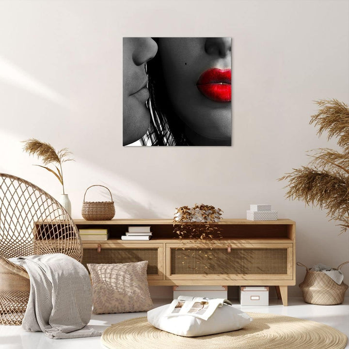 Bilder auf Leinwand Rote Lippen dunkles Haar Modell Liebe Leinwandbild 60x60cm Wandbilder Dekoration