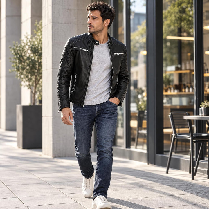 Herren Lederjacke Kunstleder Bikerjacke Übergangsjacke Brooklyn Slim Fit Schwarz XL Schwarz, XL Schw