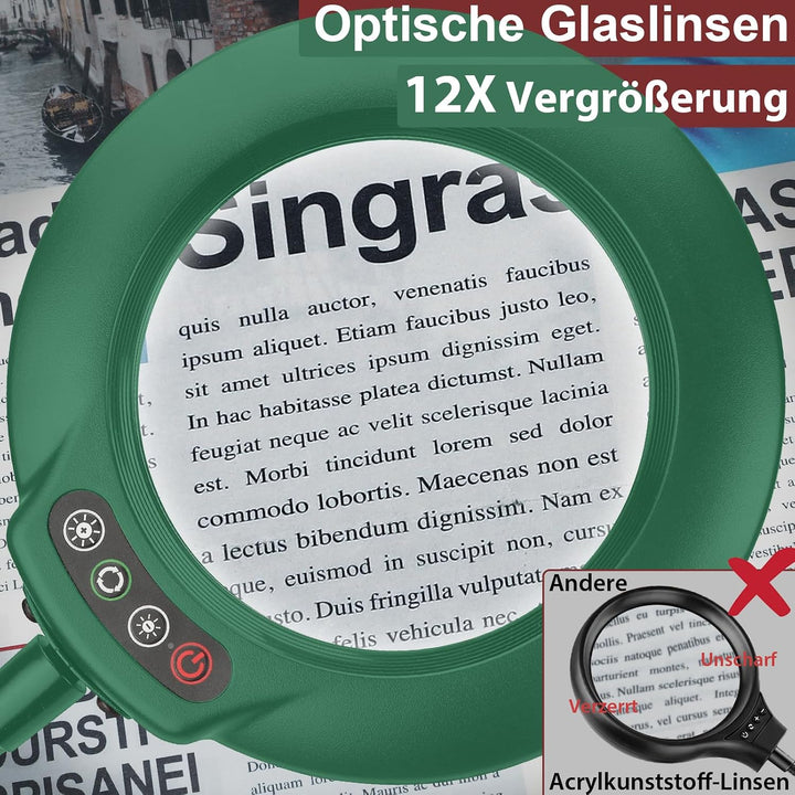 Veemagni 10X Echte Glaslinsen Schwanenhalslupen, Lupe mit Licht und Ständer Stehlampe, 5 Farbmodi St