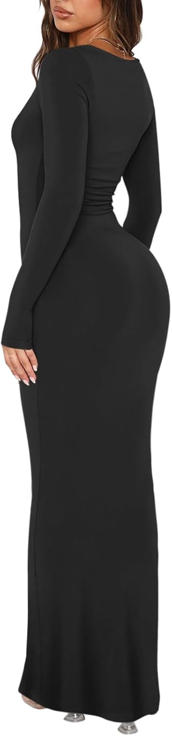 REORIA Damen Sexy U-Ausschnitt Langarm Lounge Langes Kleid Gerippte figurbetonte Maxikleider M 01_sc