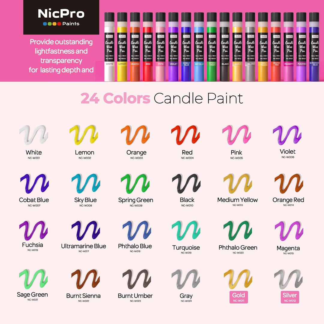 Nicpro Kerzenstifte 24 Farben X 30 ml, Wachsstifte für Kerzen, 3D Kerzenwachs Stift Inklusive Glitze