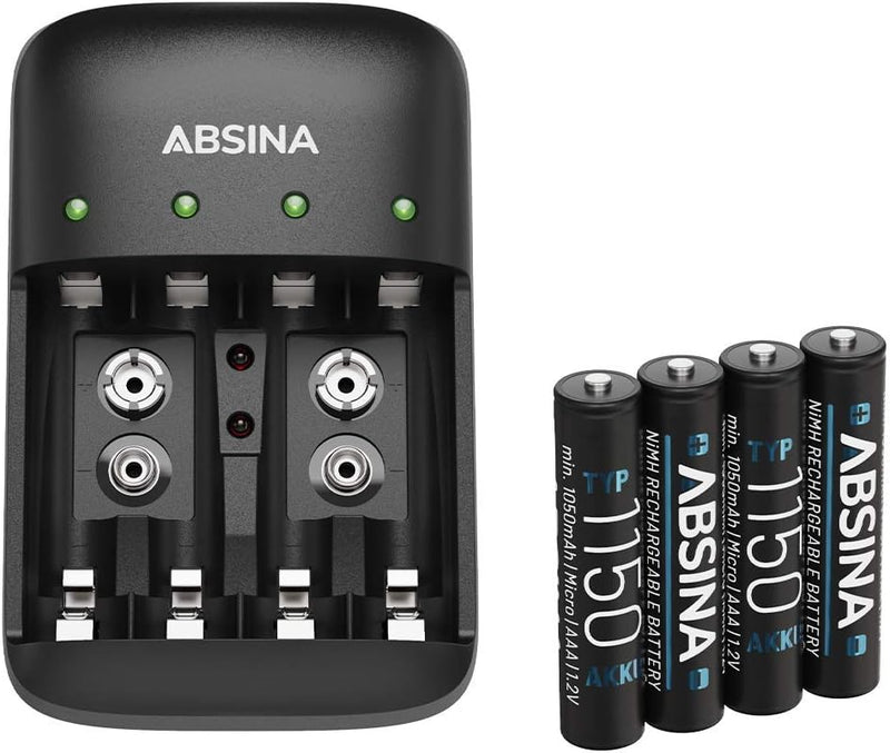 ABSINA Akku Ladegerät AA AAA & 9V Block inkl. 4X AAA 1150 Akkus - NiMH Ladegerät Akku Batterien 4-Fa