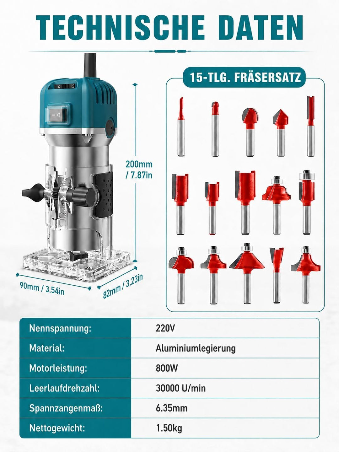 Holzfräse Oberfräse, 800W 30000 U/min Elektrik Kantenfräse mit 15 Pcs 1/4" Fräsen Cuter, 6 Variable