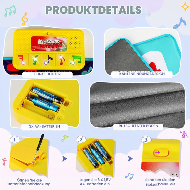 Baby Musikmatte Klaviermatte mit 8 Musikinstrumente, Keyboard Kinder Tanzmatte, Doppelte Piano Matte