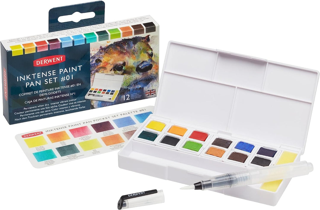 Derwent Inktense 12 Farbtöpfchen #1, 12er Set, halbe Töpfchengrösse, wasserlöslich, ideal zum Malen