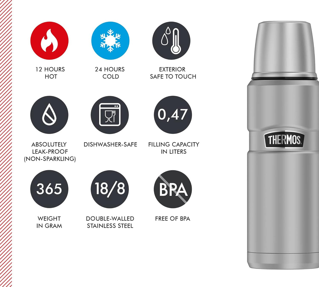 Thermos 4003.205.047 Isolierflasche Stainless King, 0,47 L, Edelstahl mattiert Edelstahl 470 ml ohne