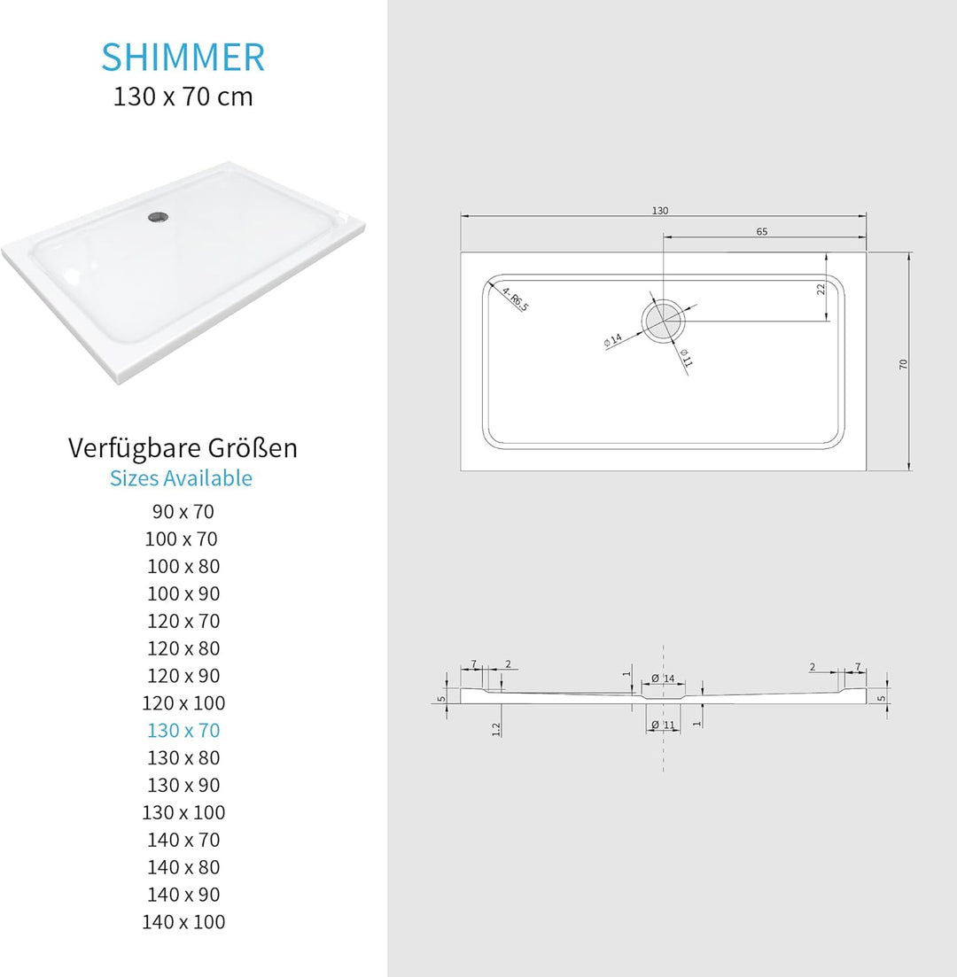 Shimmer Duschwanne 70x130 cm, extra flache Duschtasse aus Sanitäracryl, rutschhemmende Oberfläche, r