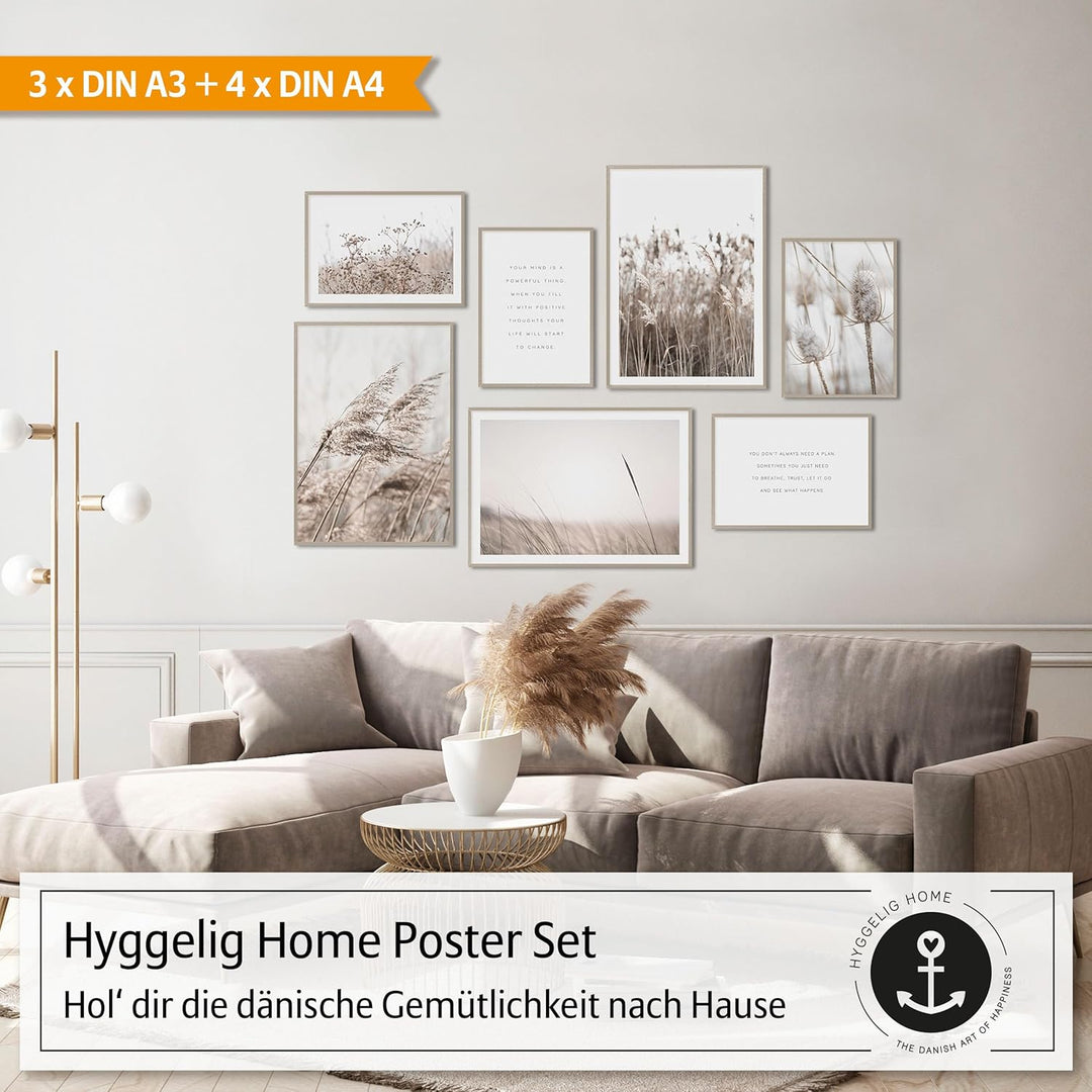 Hyggelig Home Premium Poster Set - 7 Gräser Bilder in Landschaft mit Blumen - Wandposter Boho Scandi