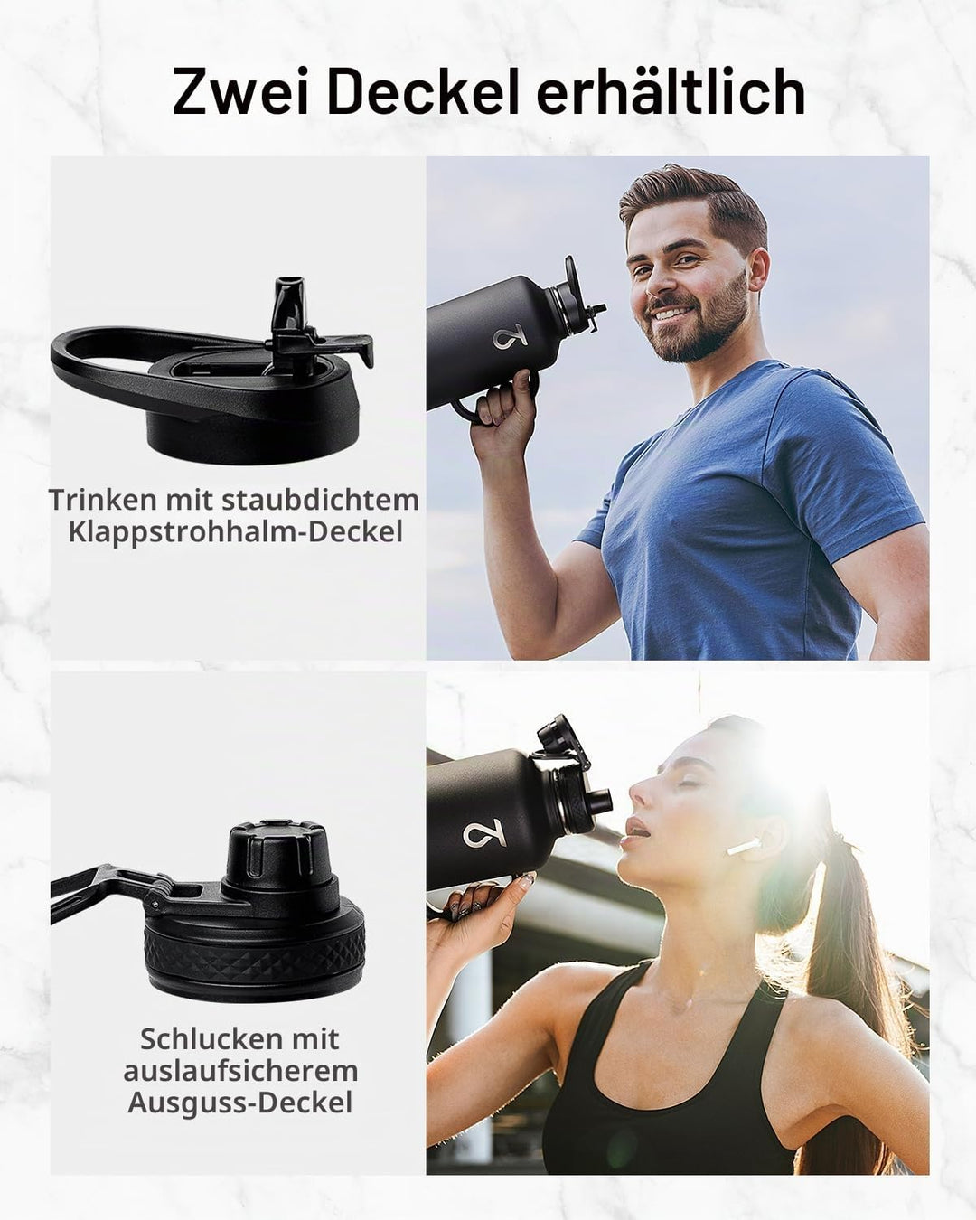 Trebo 1,8 l Wasserflasche isoliert mit Strohhalm und 2 Deckeln, doppelwandig, Vakuum, Edelstahl, Met