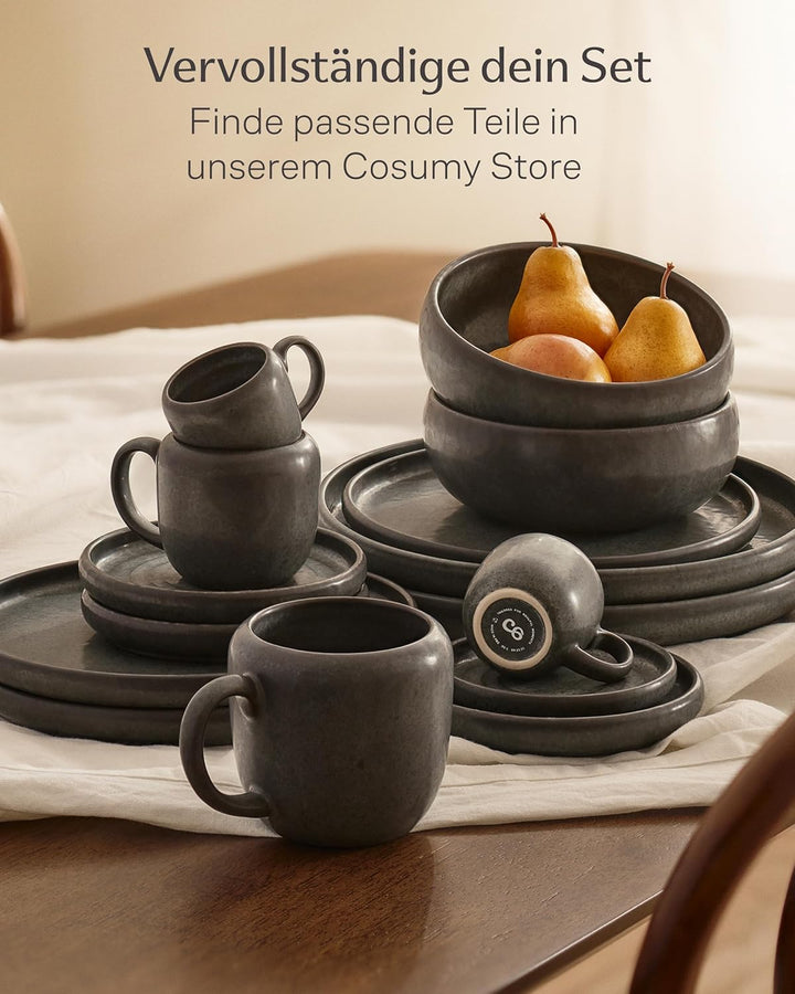 Cosumy 4er Kaffeetassen Set Schwarz – 350 ml Kaffeebecher – Dickwandiges Steingut Geschirr, das Lang
