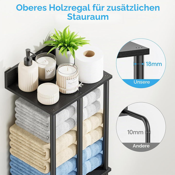 Handtuchhalter für Badezimmer Wandmontage mit Holzbrett - Grosse Kapazität Schwarz Robuster Aufbewah