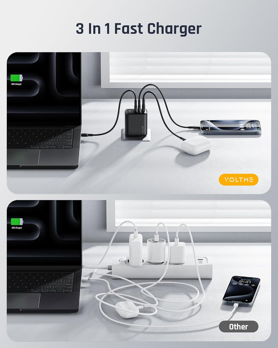 VOLTME 67W Ladegerät, USB-C Netzteil Schnellladegerät, GaN 3-Port PD PPS Charger USB C Power Adapter