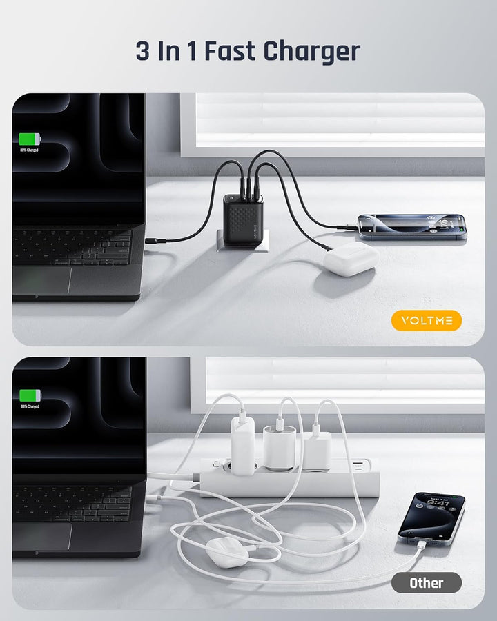 VOLTME 67W Ladegerät, USB-C Netzteil Schnellladegerät, GaN 3-Port PD PPS Charger USB C Power Adapter