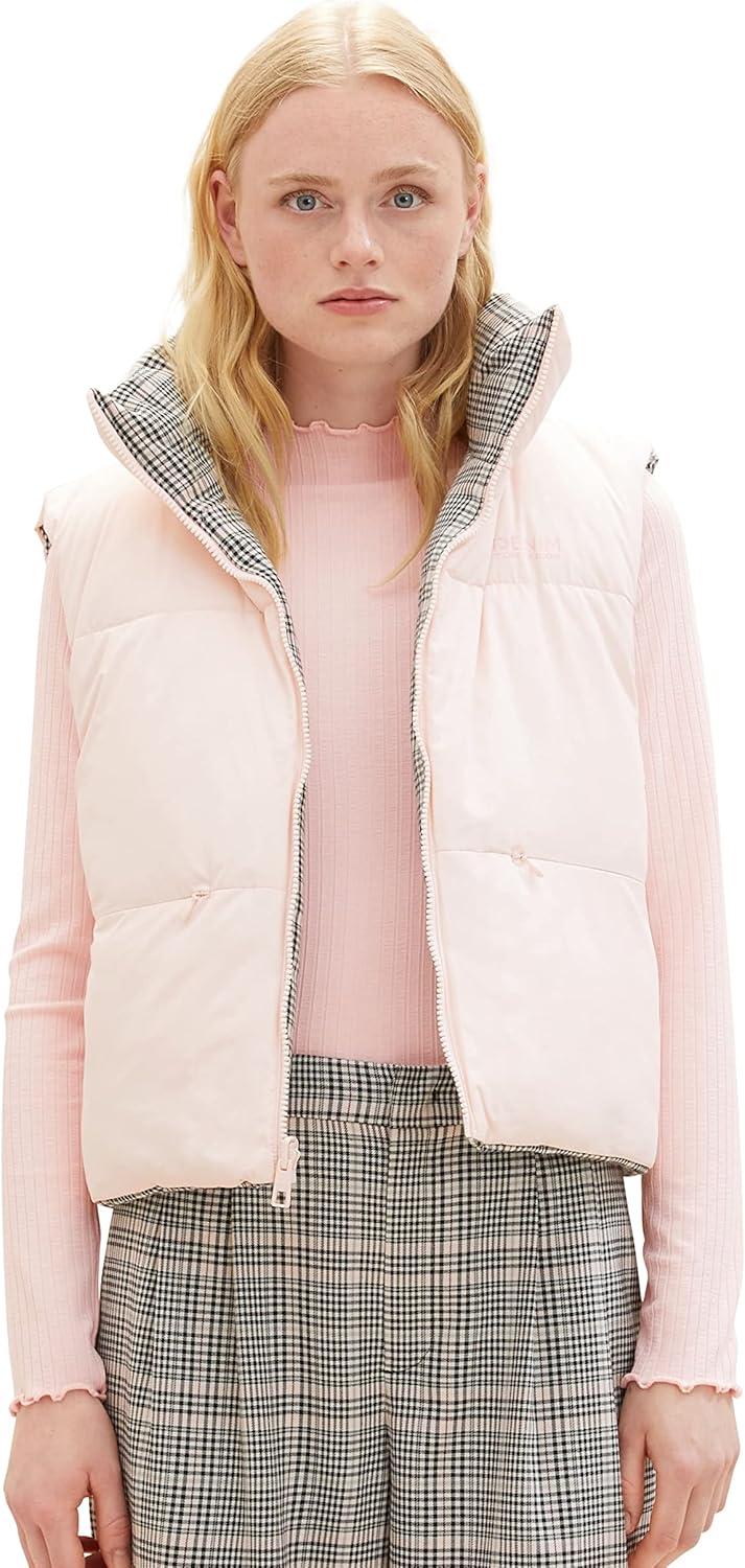 TOM TAILOR Denim Damen Puffer Weste mit Wendefunktion L 32456 - Rose Grey Check, L 32456 - Rose Grey