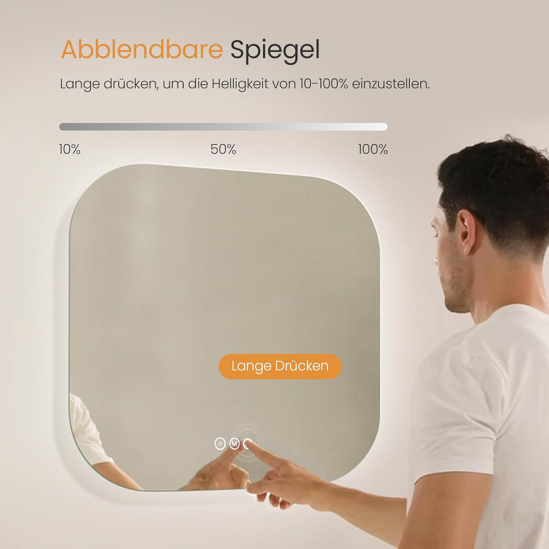 EMKE Badspiegel mit Beleuchtung 50x50cm mit 3 Lichtfarbe Dimmbar, Antibeschlag, Touchschalter, Speic