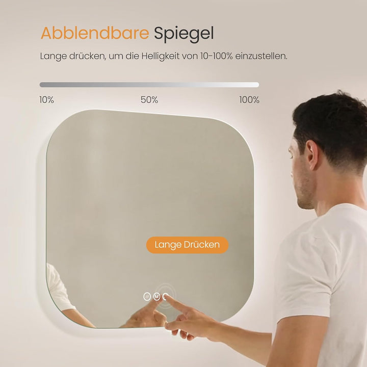 EMKE Badspiegel mit Beleuchtung 50x50cm mit 3 Lichtfarbe Dimmbar, Antibeschlag, Touchschalter, Speic