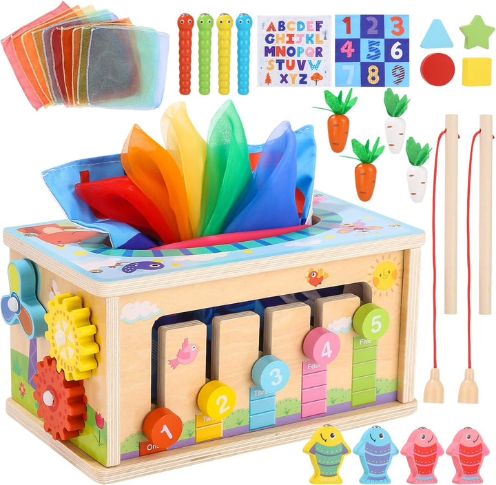Yulado Montessori Spielzeug ab 1 2 3 Jahr,6-in-1 Tücherbox mit Knistertuch, Motorikwürfel Holzspielz