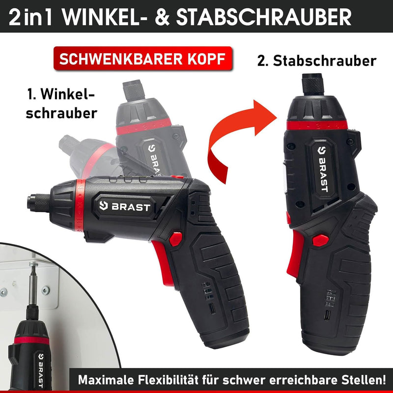 BRAST® Akkuschrauber Akku Bohrschrauber | 4,0V / 2Ah Li-Ion-Akku | 54 Chrom-Vanadium-Bits | schwenkb