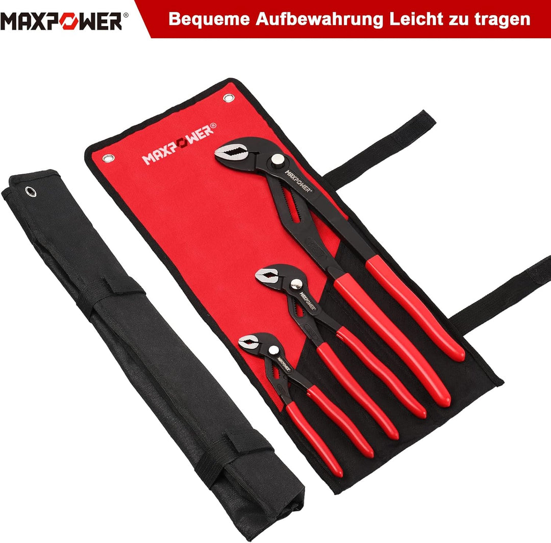 MAXPOWER Wasserpumpenzange Set, 3 tlg. Rohrzange 180 mm / 240 mm / 420 mm aus CR-V Stahl, Feinverste
