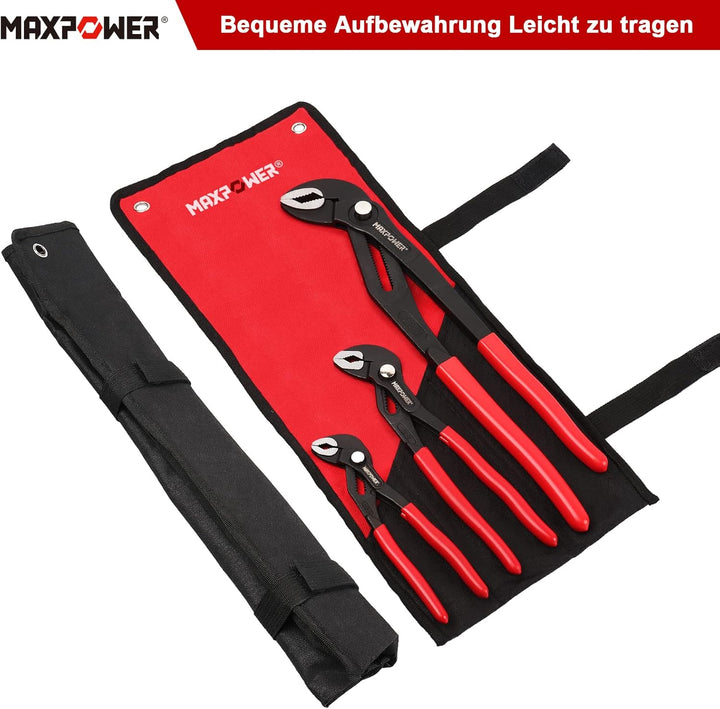 MAXPOWER Wasserpumpenzange Set, 3 tlg. Rohrzange 180 mm / 240 mm / 420 mm aus CR-V Stahl, Feinverste