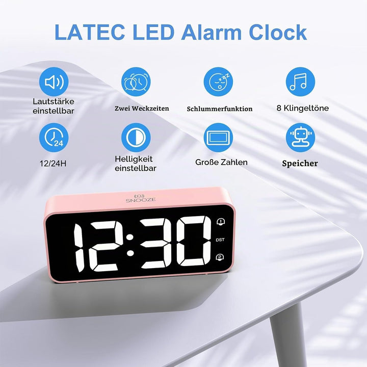 LATEC Wecker Digital, LED Digitaler Wecker mit 2 Alarme Snooze, Digital Uhr mit USB-Ladeanschluss, 0