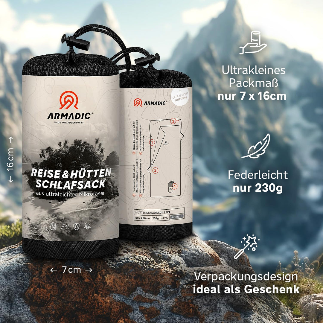 Hüttenschlafsack aus Mikrofaser oder Bio-Baumwolle (nur 230g / 380g) - Ultra leicht, klein und dünn.