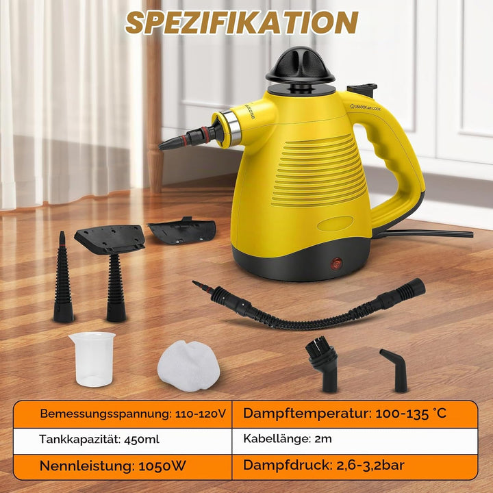 Dampfreiniger, Dampfreiniger Handgerät 1050W für zuhause, 450ml Wassertank, 3,5 Bar Dampfdruck, 8 Zu