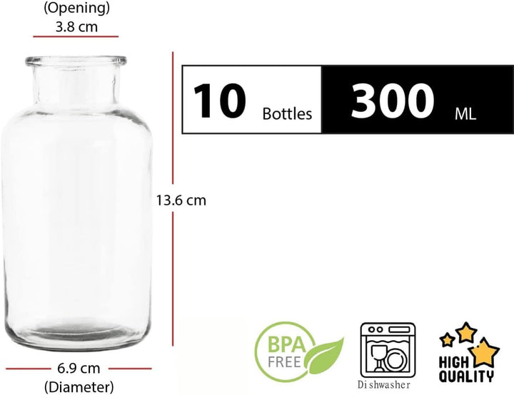 casavetro 10 x kleine Vasen Milk-rund 300 ml kleine Glas-vasen Deko-Flaschen Fläschchen Apotheker(10