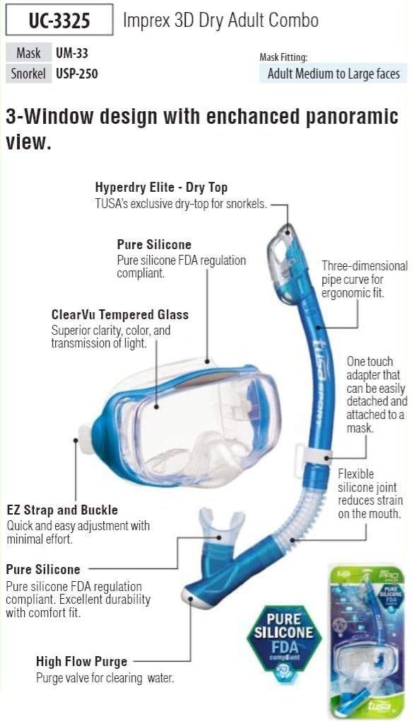 TUSA Sport Imprex 3D Dry Schnorchelset schnorchel-maske trocken schnorchel silikon, erwachsene Schwa