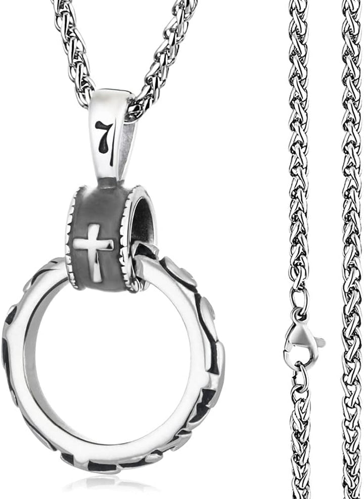 Runder Kreis Kreuz Jesus 7 Anhänger Silber Schwarz Statement Halskette, Original Geschenk Für Mann 7