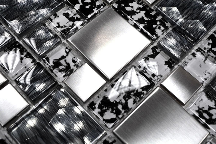 Mosaik-Netzwerk MosaikflieseKombination Crystal/Stahl mix schwarz struktur Glasmosaik Transluzent Tr