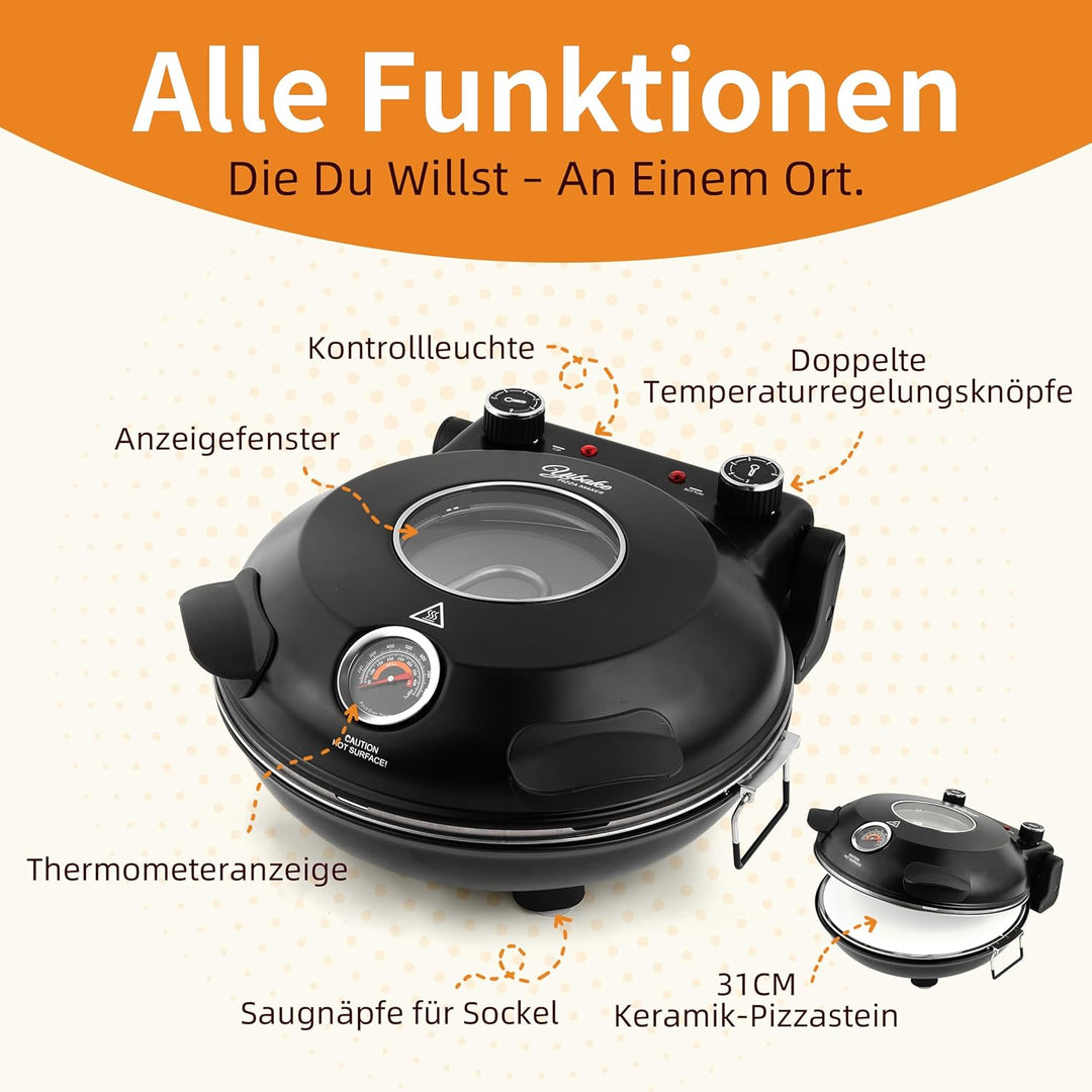 YIBAKE Pizzaofen elektrisch, 1200W Pizzabäcker in 4-Min-Pizza, 31cm Feuerfeste Pizzastein, Max 420℃
