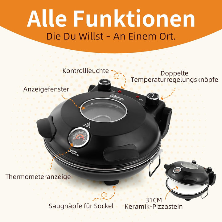YIBAKE Pizzaofen elektrisch, 1200W Pizzabäcker in 4-Min-Pizza, 31cm Feuerfeste Pizzastein, Max 420℃