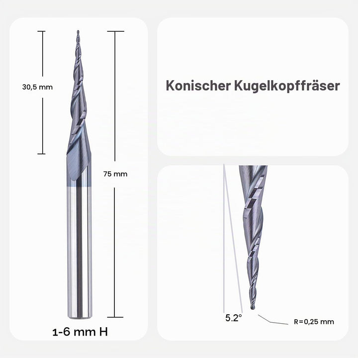 SpeTool Kugelkopffräser 6mm Schaft VHM Konische Fräser CNC 2 Flöten 0,25 mm Radius Schaftfräser mit