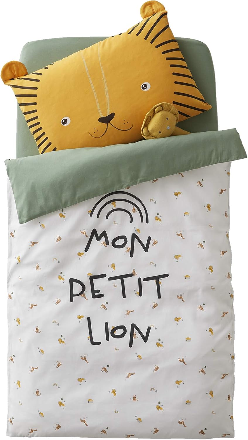 Vertbaudet Baby Wende-Bettbezug,Kleiner Löwe, Tansania wollweiss Bedruckt/grün 80X120 80X120 Wollwei