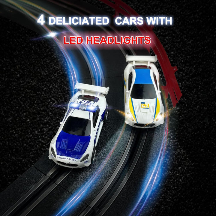 AGM MASTECH Slotcar-Rennbahn-Sets mit 4 exquisiten Slotcars, Batterie- oder Elektroautobahn, 2 Contr
