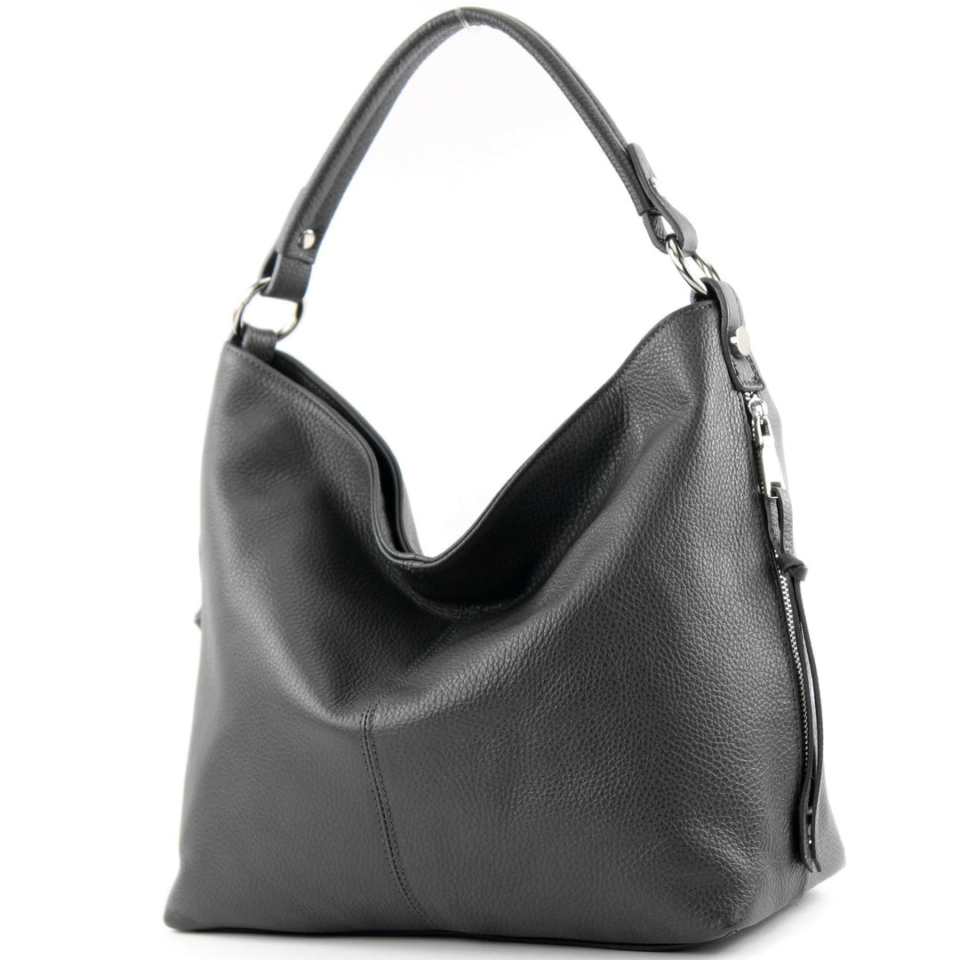 modamoda de - ital. Damen Schultertasche Henkeltasche aus Leder T160 Anthrazitgrau2021, Anthrazitgra