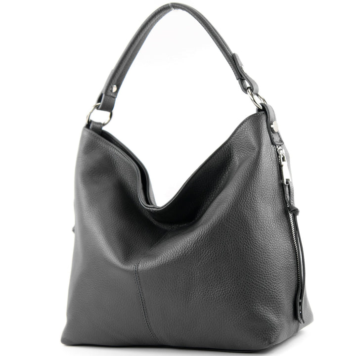 modamoda de - ital. Damen Schultertasche Henkeltasche aus Leder T160 Anthrazitgrau2021, Anthrazitgra