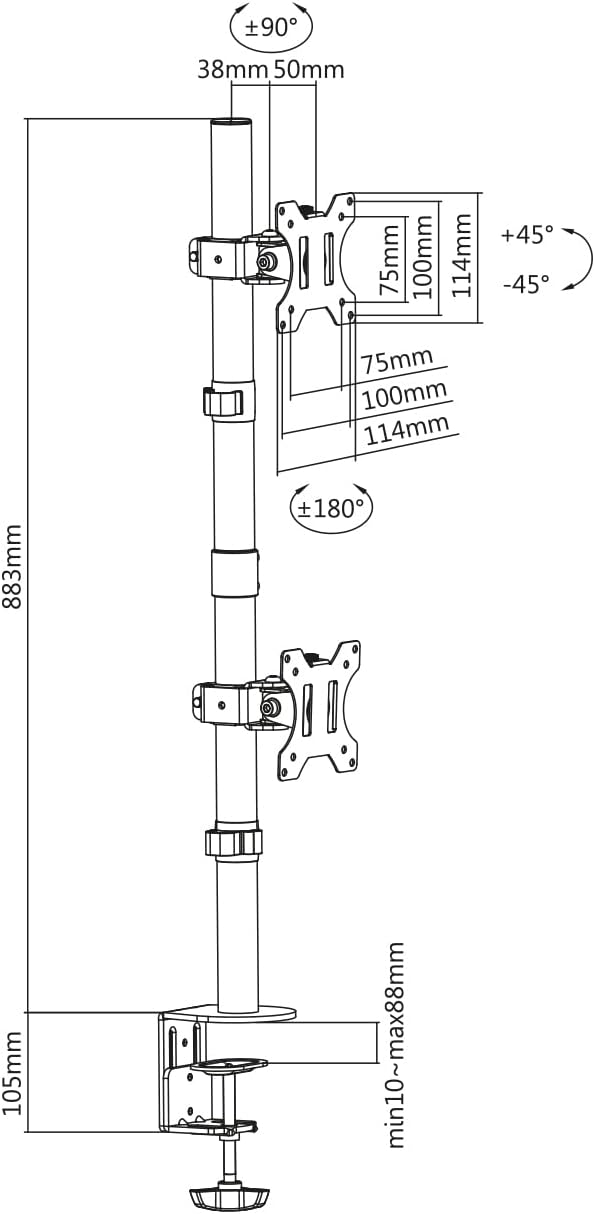 DIGITUS Monitorhalterung - Tischklemme - 2 Monitore - Vertikal - Bis 32 Zoll - VESA 75 und 100 - Sch