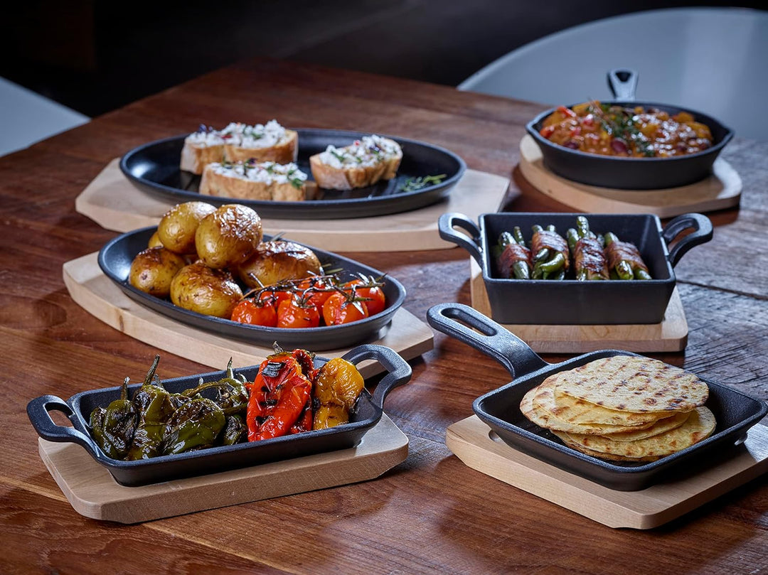 ECHTWERK Servierpfanne aus Gusseisen mit Grillstreifen und Servierbrett, Abnehmbarer Griff, Bereits