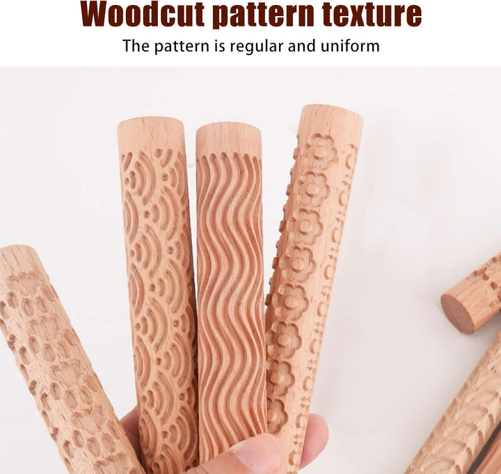 6 x Holz-Tonroller, Modelliermuster-Roller-Set, Töpfereimuster-Roller, Ton-Nudelholz, strukturierter