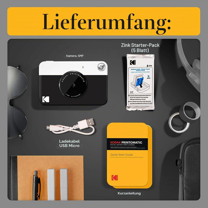 KODAK Printomatic Sofortbildkamera (Schwarz) Basis-Paket + Zinkpapier (20 Blätter) Etui + Bequemer H
