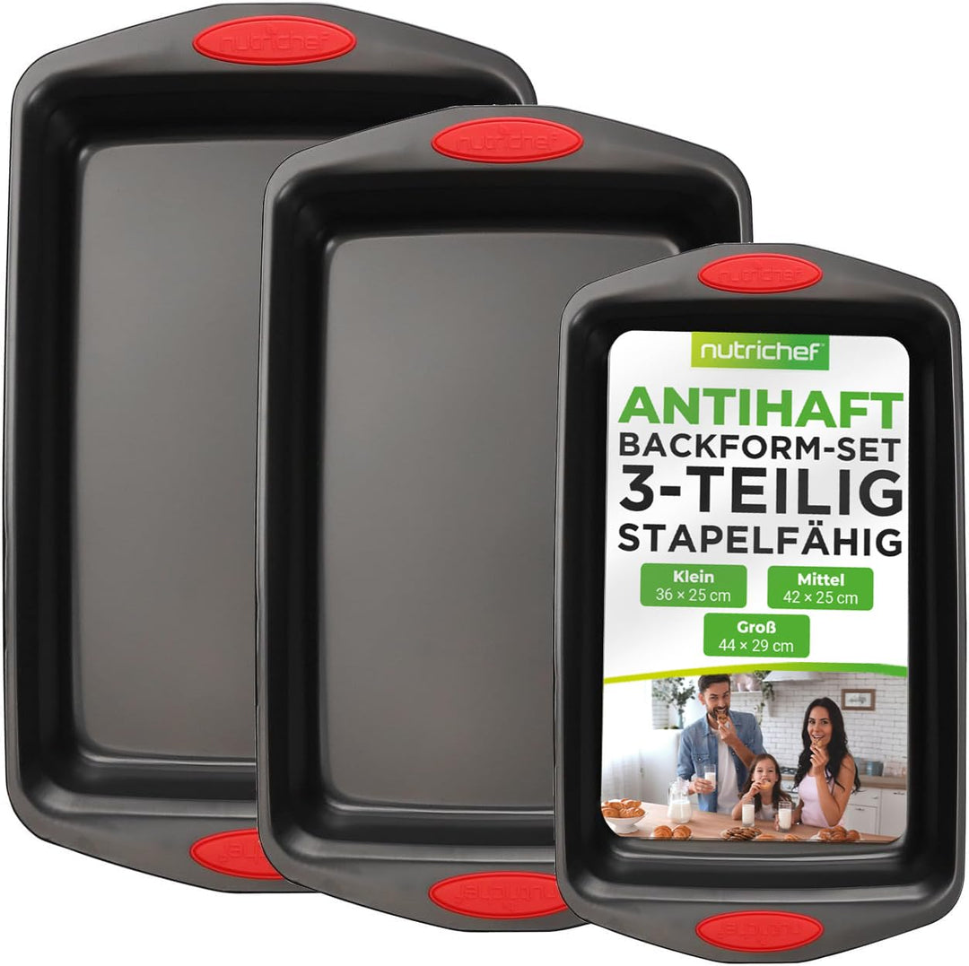 NutriChef 3-Piece Baking Pan Set - PFOA, PFOS, PTFE Free Flexible Nonstick Black Coating Carbon Stee