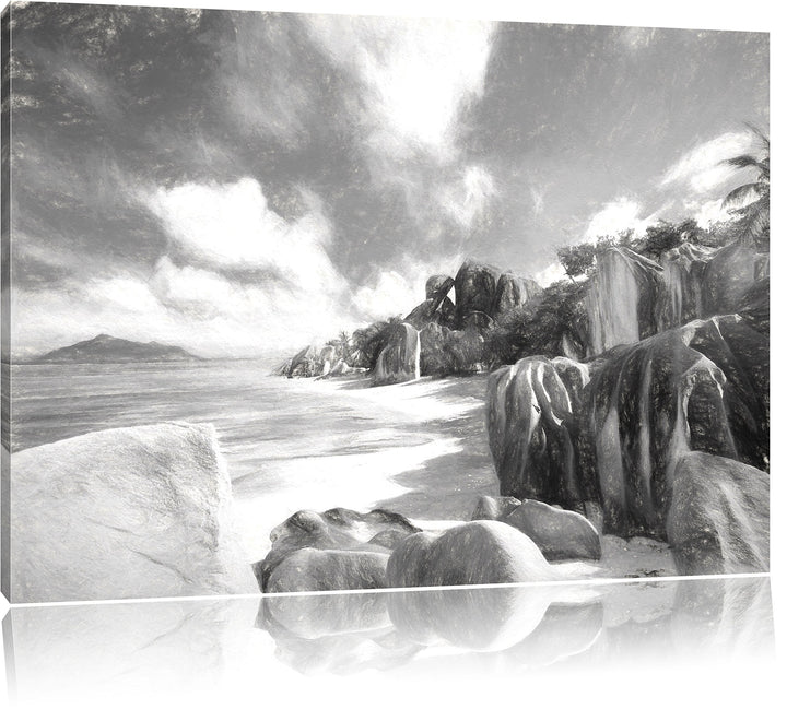 Pixxprint Seychellen Strand Kunst / 100x70cm Leinwandbild bespannt auf Holzrahmen/Wandbild Kunstdruc