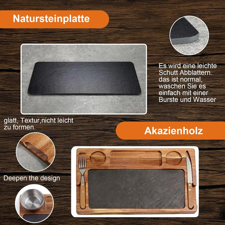 Akazienholz Serviertablett mit Schieferplatte – Steakbrett inkl. 2 Edelstahl Sossenbecher & Holzgrif