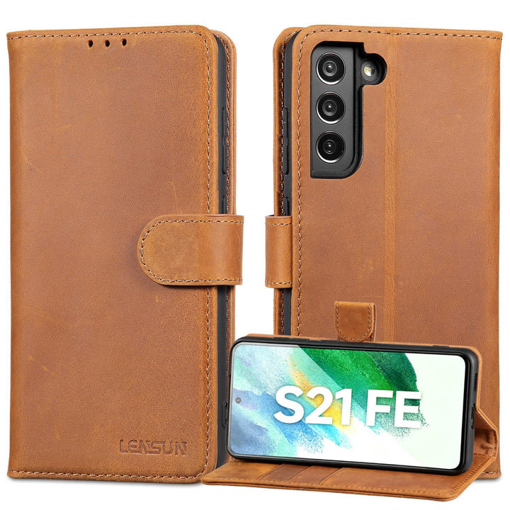 LENSUN Echtleder Hülle für Samsung Galaxy S21 FE 5G, Handyhülle Echt Leder [Kartenfach] [RFID Schutz