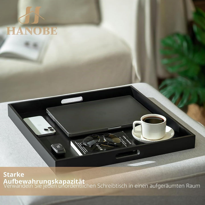 Hanobe Tablett Gross Schwarz Serviertablett Holztablett Deko mit Griff 52cm | Modern Glossy Quadrati