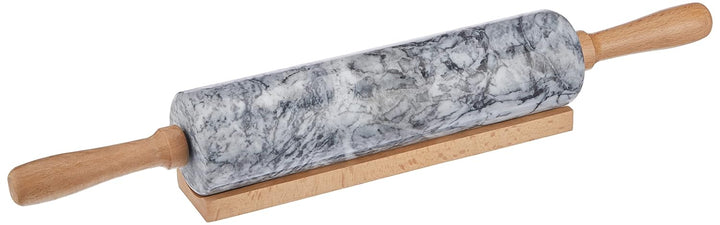 Küchenprofi Teigrolle aus Marmor, Ø 6cm, L 47 cm, Teigroller mit Holz Ablage und Griffen, Marmor Nud